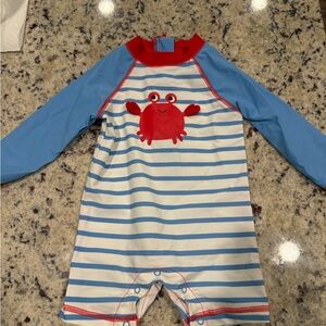 Little Me Blue and White Striped Rash guard with Red Crab